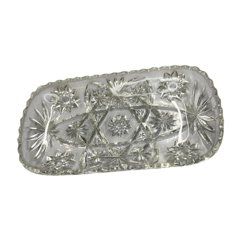 Vintage Pressed Glass Starburst Hobstar Rectangular Serving Tray EAPG